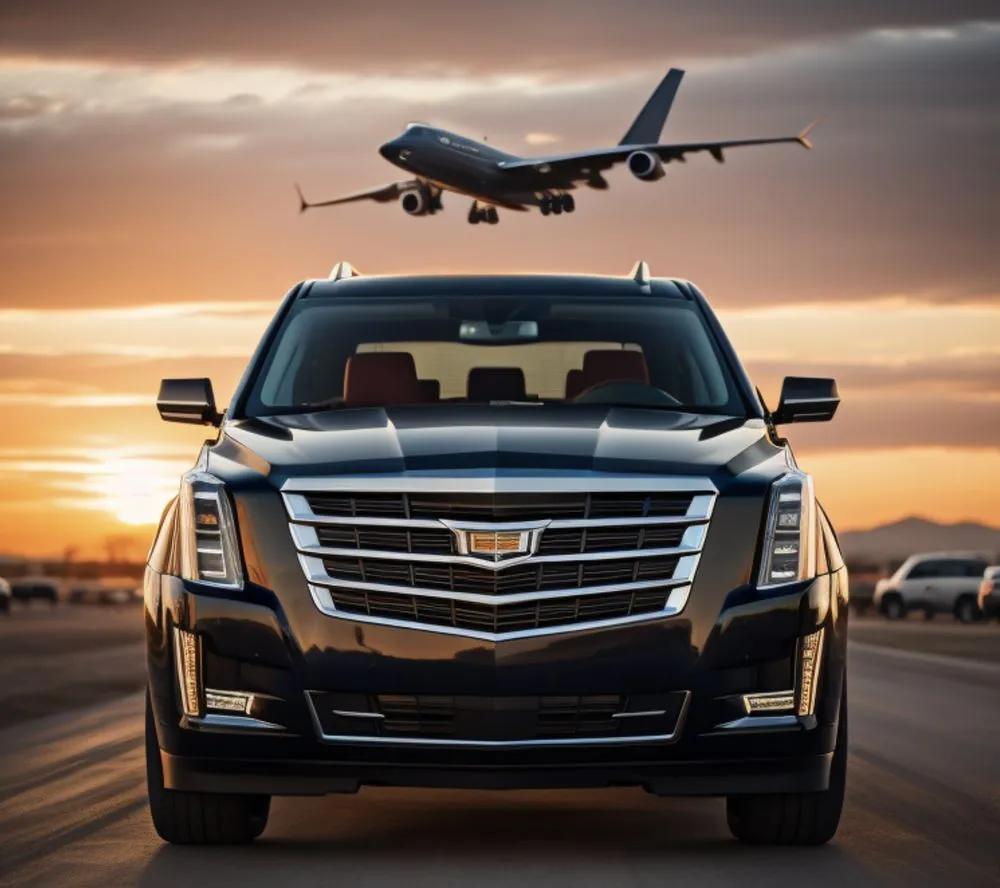 Black Cadillac Escalade with airplane taking off in background - Quicks Limo premium airport transportation service